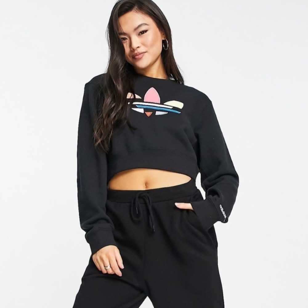 Adidas Originals Adicolor Bold Cropped Sweatshirt Black Multi Trefoil Logo Small